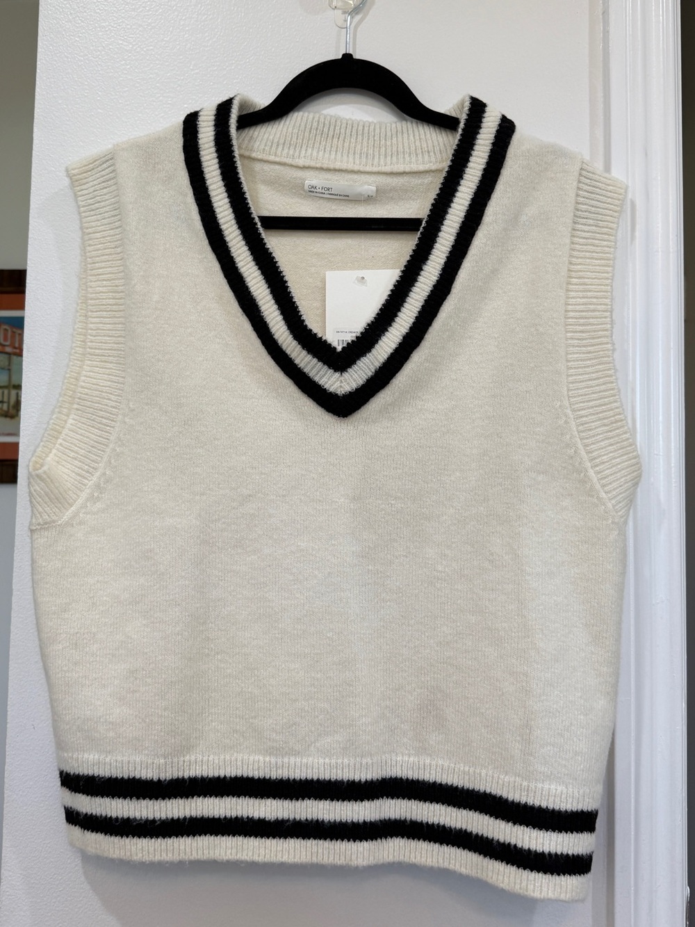 OAK + FORT Cream V-Neck Sweater Vest with Black Trim
